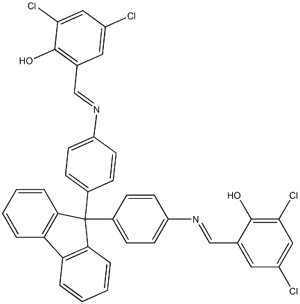 2,4-dichloro-6-[({4-[9-(4-{[(E)-(3,5-dichloro-2-hydroxyphenyl)methylidene]amino}phenyl)-9H-fluoren-9-yl]phenyl}imino)methyl]phenol 化学構造式