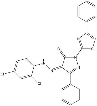 3-phenyl-1-(4-phenyl-1,3-thiazol-2-yl)-1H-pyrazole-4,5-dione 4-[N-(2,4-dichlorophenyl)hydrazone] Structure