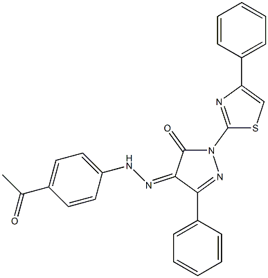 3-phenyl-1-(4-phenyl-1,3-thiazol-2-yl)-1H-pyrazole-4,5-dione 4-[N-(4-acetylphenyl)hydrazone] Struktur
