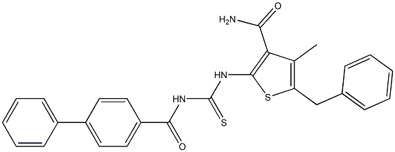 5-benzyl-2-({[([1,1'-biphenyl]-4-ylcarbonyl)amino]carbothioyl}amino)-4-methyl-3-thiophenecarboxamide 化学構造式