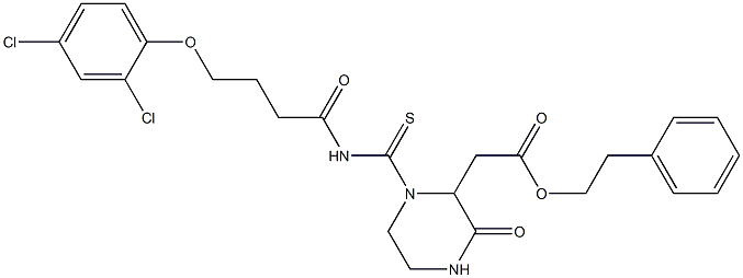 phenethyl 2-[1-({[4-(2,4-dichlorophenoxy)butanoyl]amino}carbothioyl)-3-oxo-2-piperazinyl]acetate Structure