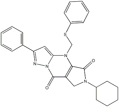 6-Cyclohexyl-6,7-dihydro-2-phenyl-4-phenylthiomethyl-4H-1,4,6,8a-tetraaza-s-indacene-5,8-dione Struktur