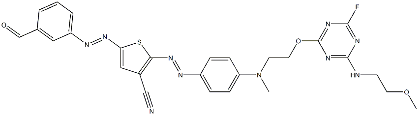 2-[4-[N-[2-[4-Fluoro-6-(2-methoxyethylamino)-1,3,5-triazin-2-yloxy]ethyl]-N-methylamino]phenylazo]-5-(3-formylphenylazo)-3-thiophenecarbonitrile Struktur