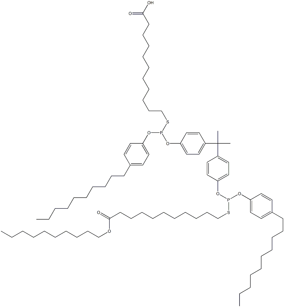11,11'-[[イソプロピリデンビス(4,1-フェニレンオキシ)]ビス[[(4-デシルフェニル)オキシ]ホスフィンジイルチオ]]ビス(ウンデカン酸デシル) 化学構造式