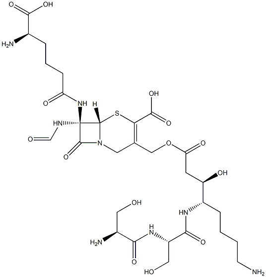 (7R)-7-[[(R)-5-Amino-5-carboxy-1-oxopentyl]amino]-3-[[[(3R,4S)-8-amino-3-hydroxy-1-oxo-4-[[(S)-3-hydroxy-2-(L-serylamino)propionyl]amino]octyl]oxy]methyl]-7-(formylamino)cepham-3-ene-4-carboxylic acid 结构式