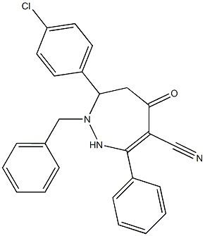 2-Benzyl-3-(4-chlorophenyl)-6-cyano-7-phenyl-1,2,3,4-tetrahydro-5H-1,2-diazepin-5-one Struktur
