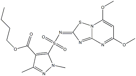 1,3-Dimethyl-5-[(5,7-dimethoxy-2H-[1,2,4]thiadiazolo[2,3-a]pyrimidin-2-ylidene)sulfamoyl]-1H-pyrazole-4-carboxylic acid butyl ester,,结构式
