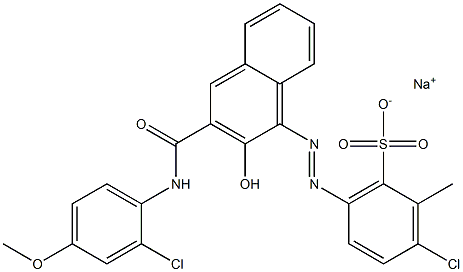 3-Chloro-2-methyl-6-[[3-[[(2-chloro-4-methoxyphenyl)amino]carbonyl]-2-hydroxy-1-naphtyl]azo]benzenesulfonic acid sodium salt Struktur