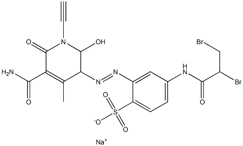 2-(5-カルバモイル-1-エチニル-1,2-ジヒドロ-2-ヒドロキシ-4-メチル-6-オキソ-3H-ピリジン-3-イルアゾ)-4-(2,3-ジブロモプロピオニルアミノ)ベンゼンスルホン酸ナトリウム 化学構造式
