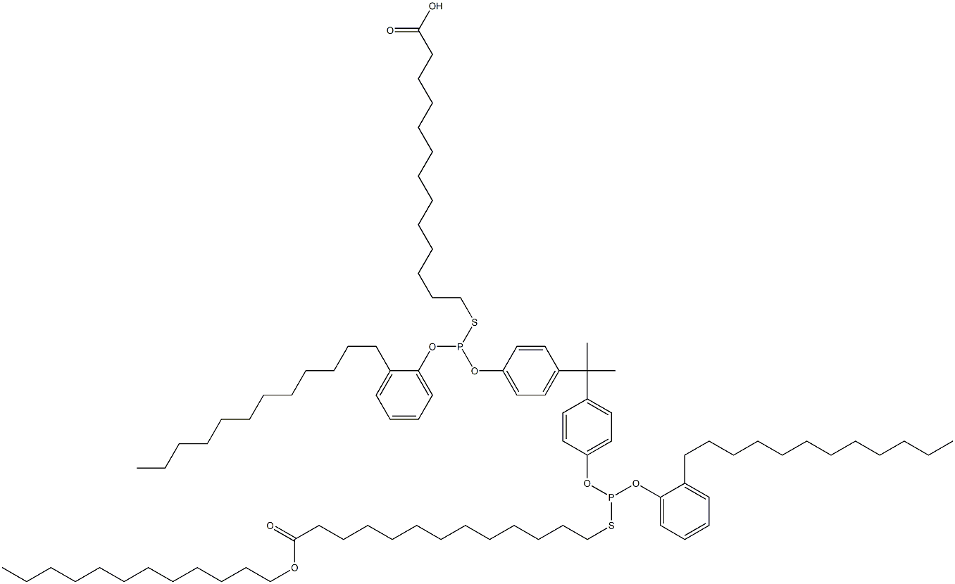 13,13'-[[イソプロピリデンビス(4,1-フェニレンオキシ)]ビス[[(2-ドデシルフェニル)オキシ]ホスフィンジイルチオ]]ビス(トリデカン酸ドデシル) 化学構造式