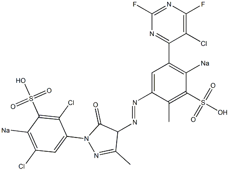 1-(2,5-Dichloro-4-sodiosulfophenyl)-3-methyl-4-[2-methyl-4-sodiosulfo-5-(5-chloro-2,6-difluoropyrimidin-4-yl)phenylazo]-5(4H)-pyrazolone Struktur