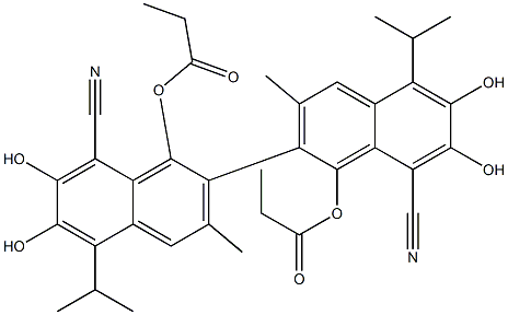 1,1'-Bis(propanoyloxy)-6,6',7,7'-tetrahydroxy-5,5'-diisopropyl-3,3'-dimethyl-2,2'-binaphthalene-8,8'-dicarbonitrile 结构式