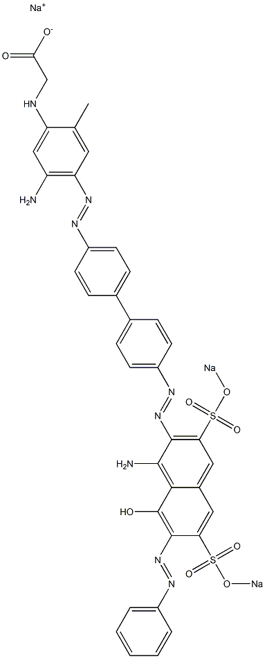 N-[5-アミノ-4-[[4'-[[1-アミノ-8-ヒドロキシ-7-(フェニルアゾ)-3,6-ビス(ソジオスルホ)-2-ナフタレニル]アゾ]-1,1'-ビフェニル-4-イル]アゾ]-2-メチルフェニル]グリシンナトリウム 化学構造式