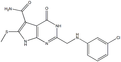 2-[(m-クロロフェニルアミノ)メチル]-6-(メチルチオ)-4-オキソ-3,4-ジヒドロ-7H-ピロロ[2,3-d]ピリミジン-5-カルボアミド 化学構造式