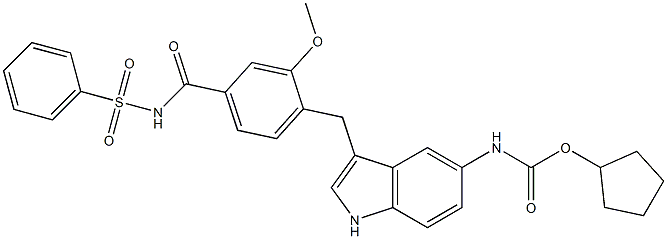 4-[5-(シクロペンチルオキシカルボニルアミノ)-1H-インドール-3-イルメチル]-3-メトキシ-N-(フェニルスルホニル)ベンズアミド 化学構造式