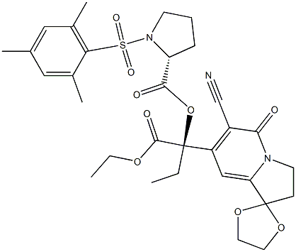 6-Cyano-7-[(R)-1-ethoxycarbonyl-1-[[(2R)-1-[(2,4,6-trimethylphenyl)sulfonyl]-2-pyrrolidinyl]carbonyloxy]propyl]-2,3-dihydrospiro[indolizine-1,2'-[1,3]dioxolan]-5-one,,结构式