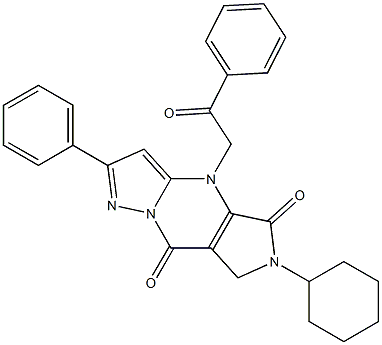 6-Cyclohexyl-6,7-dihydro-4-(2-oxo-2-phenylethyl)-2-phenyl-4H-1,4,6,8a-tetraaza-s-indacene-5,8-dione Structure