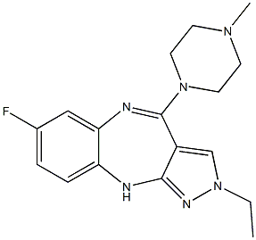 2-エチル-4-(4-メチルピペラジン-1-イル)-7-フルオロ-2,10-ジヒドロピラゾロ[3,4-b][1,5]ベンゾジアゼピン 化学構造式