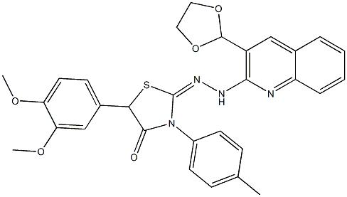 2-[2-[3-(1,3-ジオキソラン-2-イル)キノリン-2-イル]ヒドラゾノ]-3-(4-メチルフェニル)-5-(3,4-ジメトキシフェニル)チアゾリジン-4-オン 化学構造式