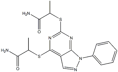 4,6-ビス(1-カルバモイルエチルチオ)-1-フェニル-1H-ピラゾロ[3,4-d]ピリミジン 化学構造式