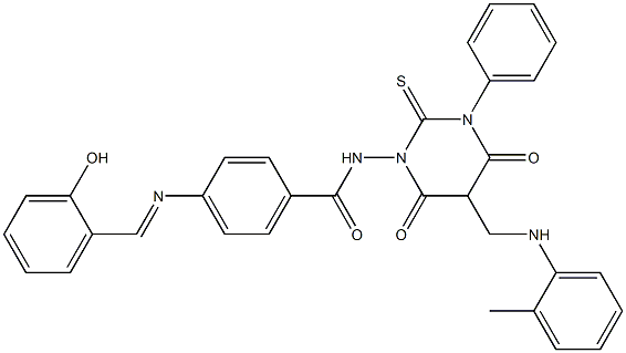 4-(2-ヒドロキシベンジリデンアミノ)-N-[[ヘキサヒドロ-4,6-ジオキソ-2-チオキソ-3-(フェニル)-5-(2-メチルフェニルアミノメチル)ピリミジン]-1-イル]ベンズアミド 化学構造式