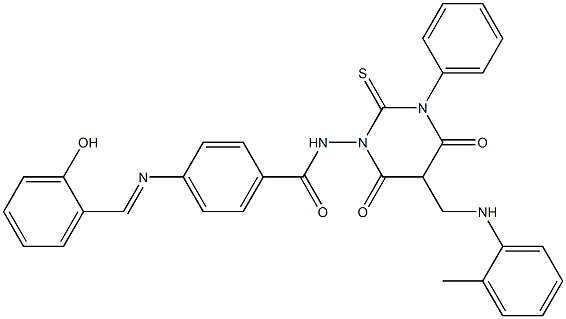 4-(2-Hydroxybenzylideneamino)-N-[[hexahydro-4,6-dioxo-2-thioxo-3-(phenyl)-5-(2-methylphenylaminomethyl)pyrimidin]-1-yl]benzamide