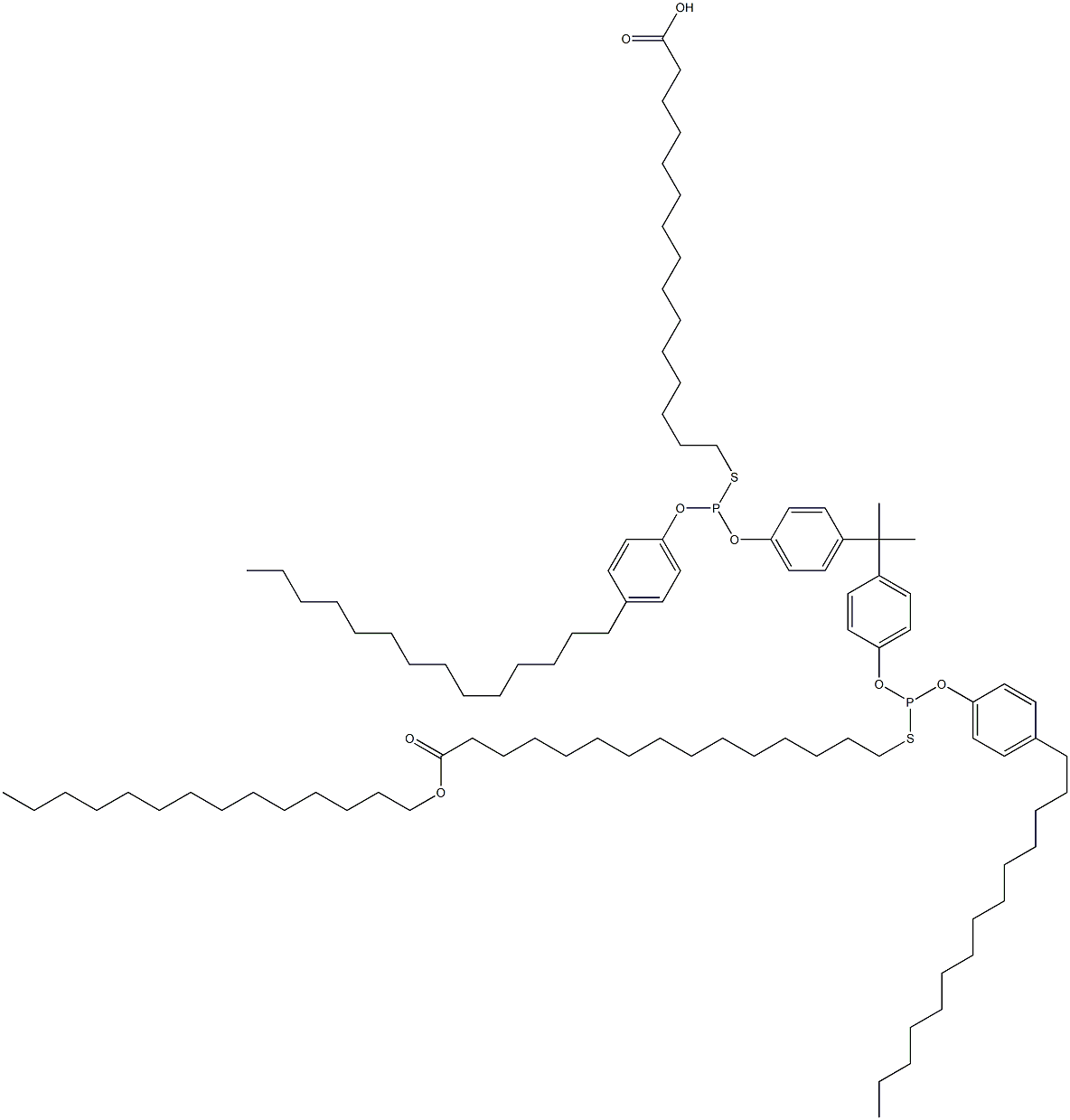 15,15'-[[Isopropylidenebis(4,1-phenyleneoxy)]bis[[(4-tetradecylphenyl)oxy]phosphinediylthio]]bis(pentadecanoic acid tetradecyl) ester,,结构式