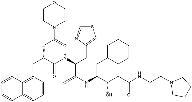 (3S,4S)-3-ヒドロキシ-5-シクロヘキシル-4-[[(2S)-3-(4-チアゾリル)-2-[[(2R)-2-[モルホリノカルボニルメチル]-3-(1-ナフタレニル)プロピオニル]アミノ]プロピオニル]アミノ]-N-[2-(1-ピロリジニル)エチル]バレルアミド 化学構造式