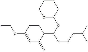 3-エトキシ-6-[1-(テトラヒドロ-2H-ピラン-2-イル)オキシ-5-メチル-4-ヘキセニル]-2-シクロヘキセン-1-オン 化学構造式