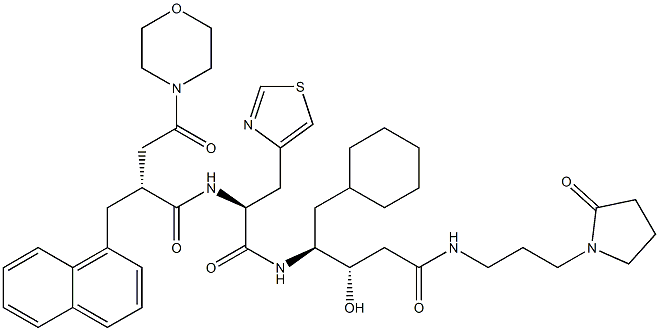 (3S,4S)-3-ヒドロキシ-5-シクロヘキシル-4-[[(2S)-3-(4-チアゾリル)-2-[[(2R)-2-[モルホリノカルボニルメチル]-3-(1-ナフタレニル)プロピオニル]アミノ]プロピオニル]アミノ]-N-[3-(2-オキソ-1-ピロリジニル)プロピル]バレルアミド 化学構造式