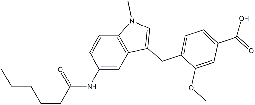 4-[5-ヘキサノイルアミノ-1-メチル-1H-インドール-3-イルメチル]-3-メトキシ安息香酸 化学構造式