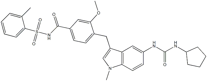 4-[5-(3-Cyclopentylureido)-1-methyl-1H-indol-3-ylmethyl]-3-methoxy-N-(2-methylphenylsulfonyl)benzamide Structure