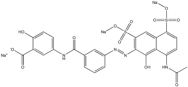 2-ヒドロキシ-5-[3-[[8-アセチルアミノ-1-ヒドロキシ-3,5-ビス(ソジオスルホ)-2-ナフタレニル]アゾ]ベンゾイルアミノ]安息香酸ナトリウム 化学構造式