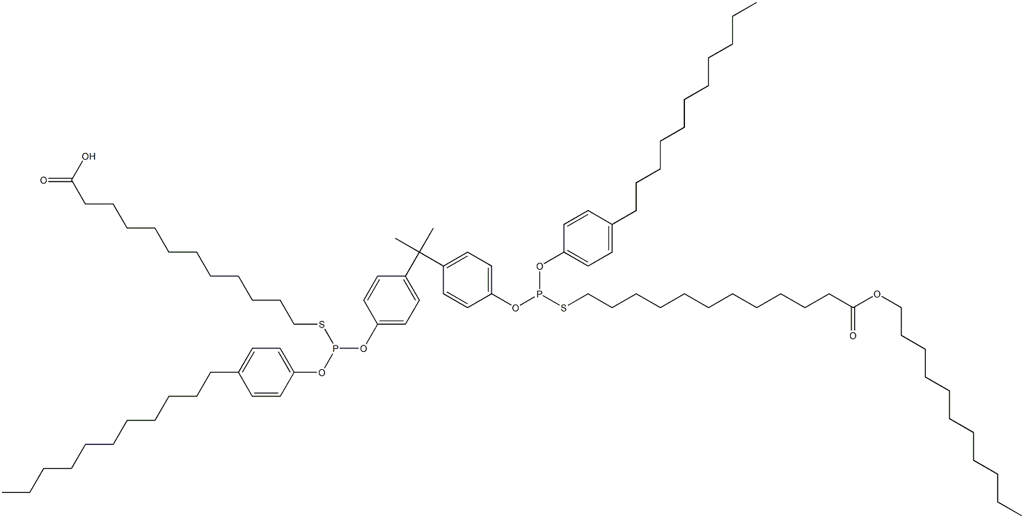 12,12'-[[イソプロピリデンビス(4,1-フェニレンオキシ)]ビス[[(4-ウンデシルフェニル)オキシ]ホスフィンジイルチオ]]ビス(ドデカン酸ウンデシル) 化学構造式