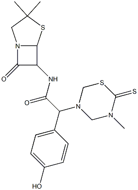 7-Oxo-3,3-dimethyl-6-[[[(tetrahydro-2-thioxo-3-methyl-2H-1,3,5-thiadiazin)-5-yl](4-hydroxyphenyl)acetyl]amino]-4-thia-1-azabicyclo[3.2.0]heptane Struktur