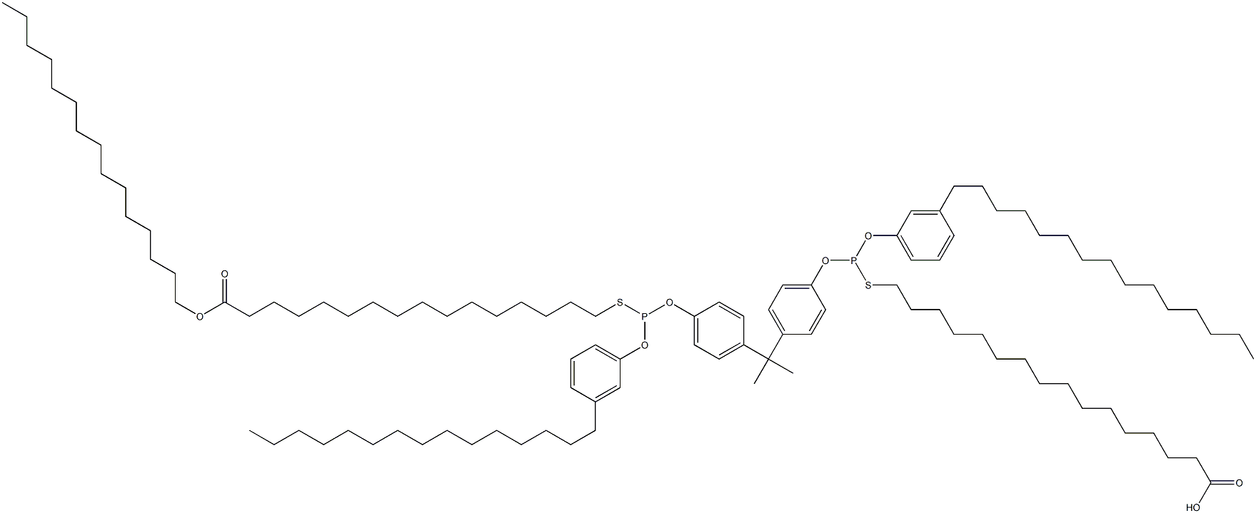 16,16'-[[イソプロピリデンビス(4,1-フェニレンオキシ)]ビス[[(3-ペンタデシルフェニル)オキシ]ホスフィンジイルチオ]]ビス(ヘキサデカン酸ペンタデシル) 化学構造式