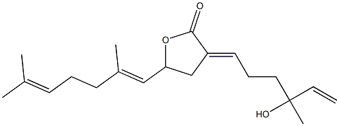 3-[4-ヒドロキシ-4-メチル-5-ヘキセン-1-イリデン]-5-[(1E)-2,6-ジメチル-1,5-ヘプタンジエン-1-イル]ジヒドロフラン-2(3H)-オン 化学構造式