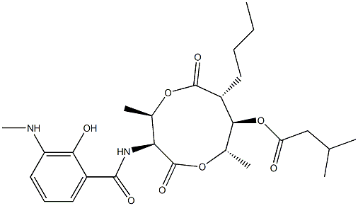 3-メチルブタン酸(3S,4R,7R,8R,9S)-3-[(3-メチルアミノ-2-ヒドロキシベンゾイル)アミノ]-4,9-ジメチル-2,6-ジオキソ-7-ブチル-1,5-ジオキソナン-8-イル 化学構造式