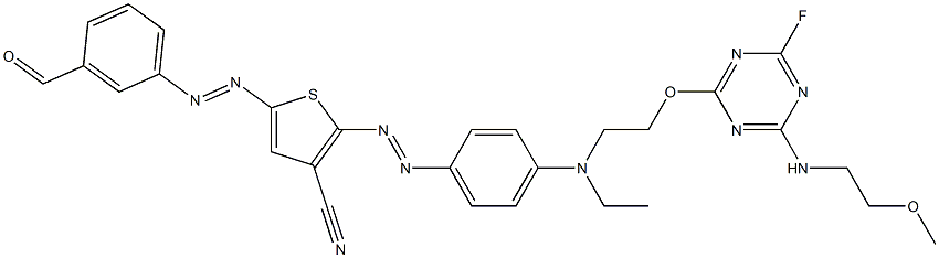 2-[4-[N-エチル-N-[2-[4-フルオロ-6-(2-メトキシエチルアミノ)-1,3,5-トリアジン-2-イルオキシ]エチル]アミノ]フェニルアゾ]-5-(3-ホルミルフェニルアゾ)-3-チオフェンカルボニトリル 化学構造式