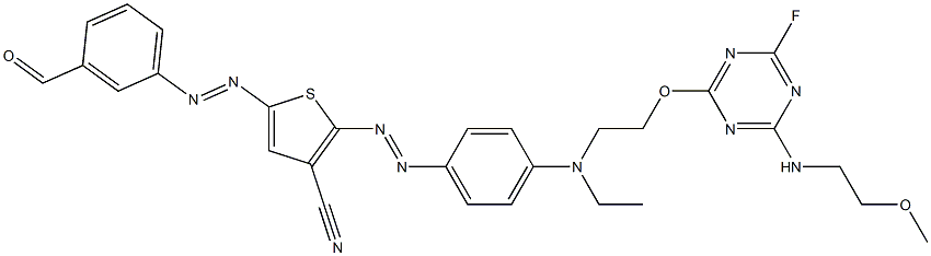 2-[4-[N-Ethyl-N-[2-[4-fluoro-6-(2-methoxyethylamino)-1,3,5-triazin-2-yloxy]ethyl]amino]phenylazo]-5-(3-formylphenylazo)-3-thiophenecarbonitrile Struktur