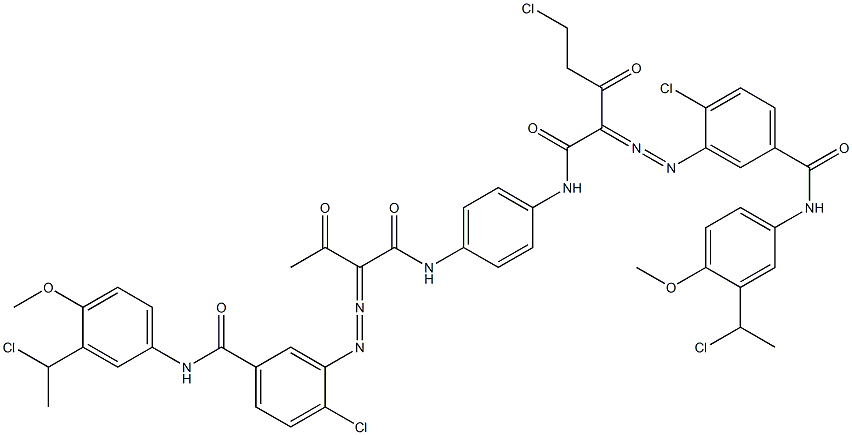 3,3'-[2-(Chloromethyl)-1,4-phenylenebis[iminocarbonyl(acetylmethylene)azo]]bis[N-[3-(1-chloroethyl)-4-methoxyphenyl]-4-chlorobenzamide],,结构式