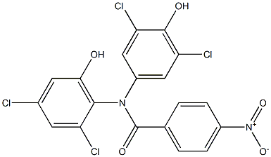 N-(2,4-ジクロロ-6-ヒドロキシフェニル)-N-(4-ヒドロキシ-3,5-ジクロロフェニル)-4-ニトロベンズアミド 化学構造式