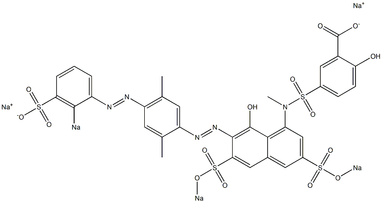 2-ヒドロキシ-5-[N-[8-ヒドロキシ-7-[[2,5-ジメチル-4-[(2-ソジオスルホフェニル)アゾ]フェニル]アゾ]-3,6-ビス(ソジオスルホ)-1-ナフタレニル]-N-メチルアミノスルホニル]安息香酸ナトリウム 化学構造式