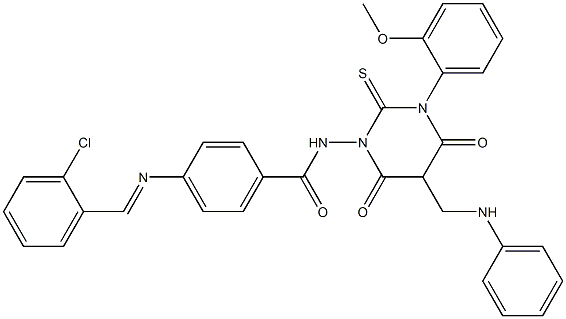 4-(2-Chlorobenzylideneamino)-N-[[hexahydro-4,6-dioxo-2-thioxo-3-(2-methoxyphenyl)-5-(phenylaminomethyl)pyrimidin]-1-yl]benzamide,,结构式