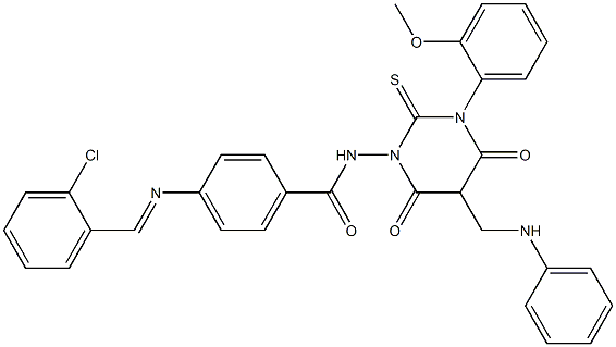 4-(2-Chlorobenzylideneamino)-N-[[hexahydro-4,6-dioxo-2-thioxo-3-(2-methoxyphenyl)-5-(phenylaminomethyl)pyrimidin]-1-yl]benzamide