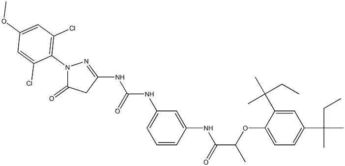 1-(2,6-Dichloro-4-methoxyphenyl)-3-[3-[3-[2-(2,4-di-tert-pentylphenoxy)propionylamino]phenyl]ureido]-5(4H)-pyrazolone Struktur