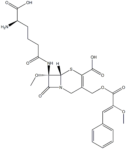 (7S)-7-[[(R)-5-アミノ-5-カルボキシ-1-オキソペンチル]アミノ]-3-[[(3-フェニル-2-メトキシ-1-オキソ-2-プロペニル)オキシ]メチル]-7-メトキシセファム-3-エン-4-カルボン酸 化学構造式