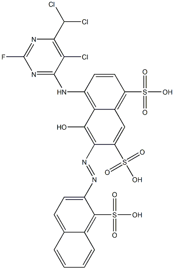 4-[[5-クロロ-6-(ジクロロメチル)-2-フルオロピリミジン-4-イル]アミノ]-5-ヒドロキシ-6-[(1-スルホナフタレン-2-イル)アゾ]-1,7-ナフタレンジスルホン酸 化学構造式