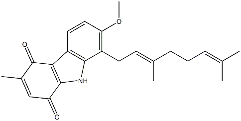 3-Methyl-7-methoxy-8-[(2E)-3,7-dimethyl-2,6-octadienyl]-1H-carbazole-1,4(9H)-dione Struktur