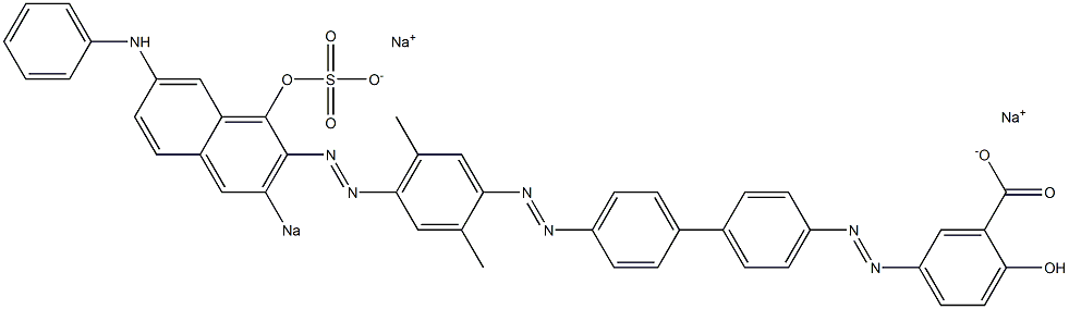 2-ヒドロキシ-5-[[4'-[[4-[(1-ヒドロキシ-7-フェニルアミノ-3-ソジオスルホ-2-ナフタレニル)アゾ]-2,5-ジメチルフェニル]アゾ]-1,1'-ビフェニル-4-イル]アゾ]安息香酸ナトリウム 化学構造式